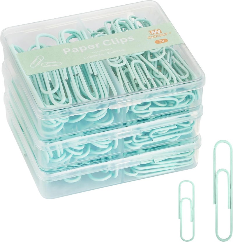 NEEWAY Colorful Paper Clips Assorted Sizes, Small and Large Paperclips, 210 Count, 3 Pack of 70 (Light Green) - Image 1